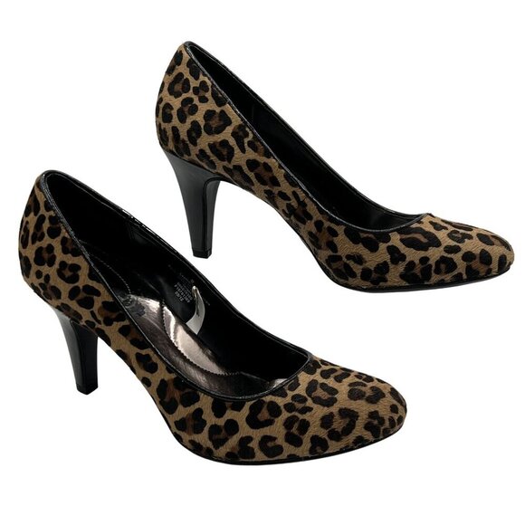 Merona Womens 9 Leather Fur Calf Hair Leopard Pumps Animal Print High Heel Shoes - Picture 2 of 13